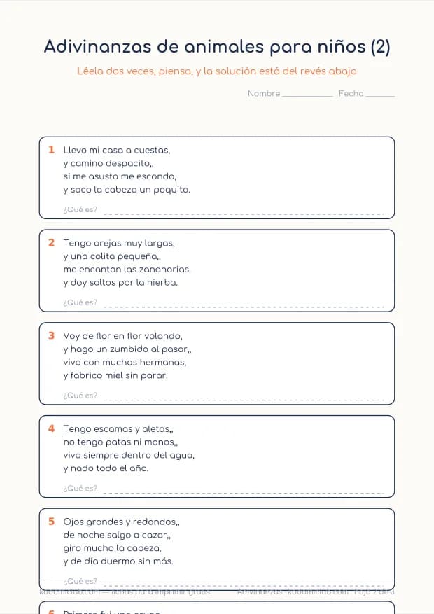 Adivinanzas de animales para niños, hoja 2