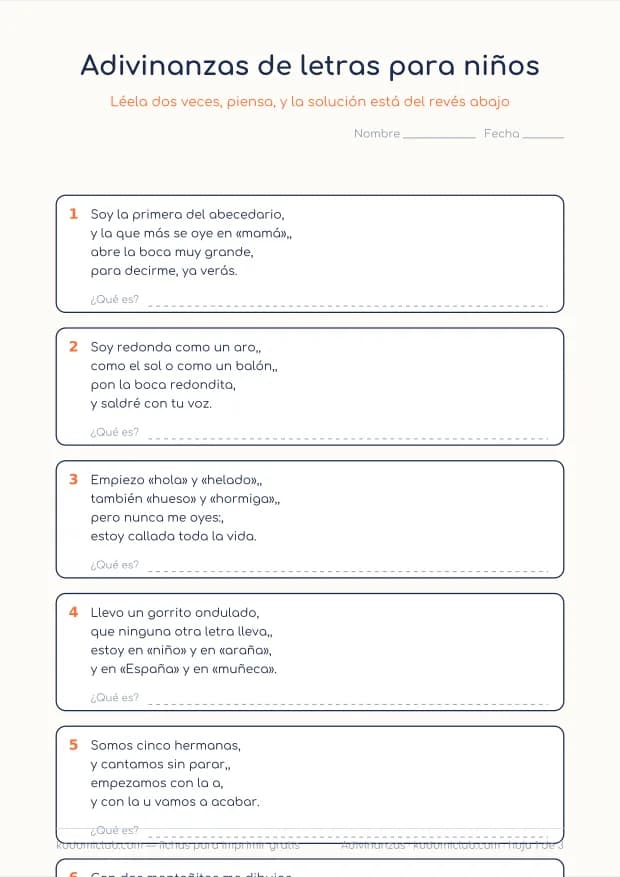 Adivinanzas de letras para niños, hoja 1