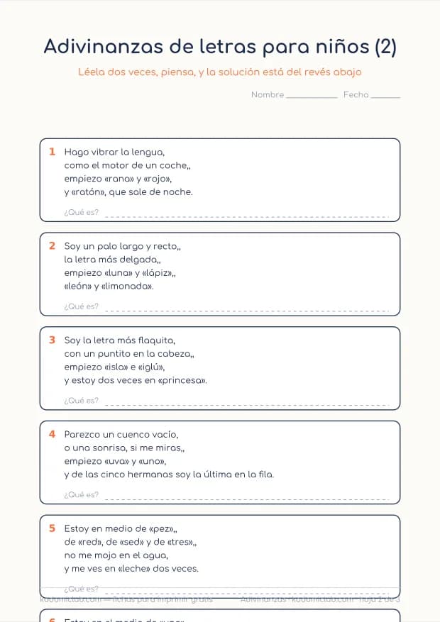 Adivinanzas de letras para niños, hoja 2