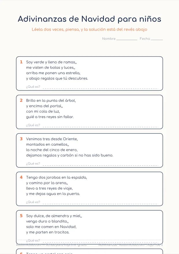 Adivinanzas de Navidad para niños, hoja 1