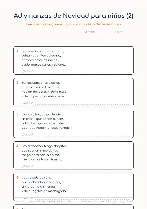 Adivinanzas de Navidad para niños, hoja 2