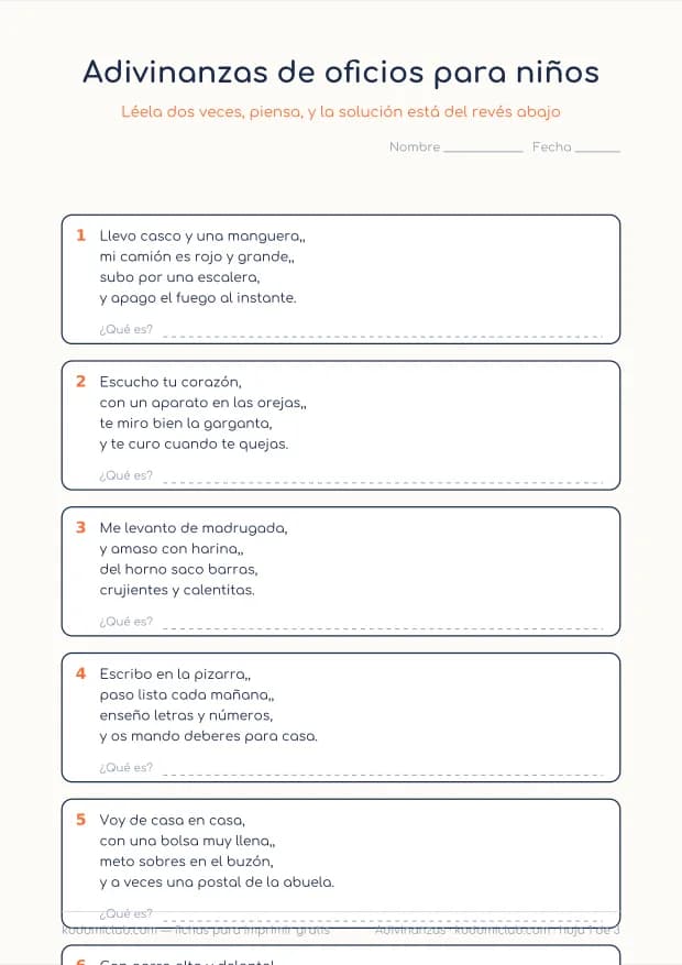 Adivinanzas de oficios para niños, hoja 1