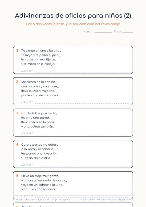 Adivinanzas de oficios para niños, hoja 2