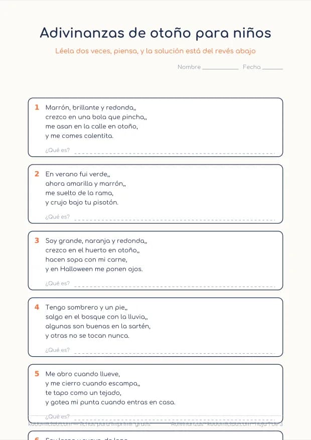 Adivinanzas de otoño para niños, hoja 1