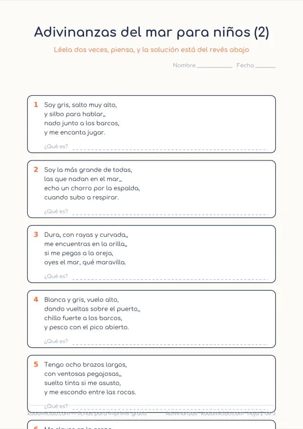 Adivinanzas del mar para niños, hoja 2