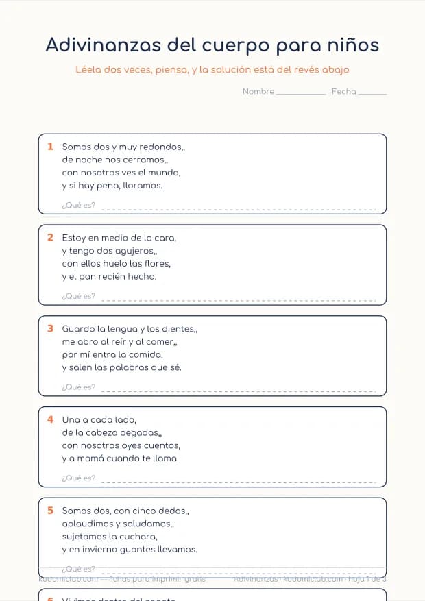 Adivinanzas del cuerpo para niños, hoja 1