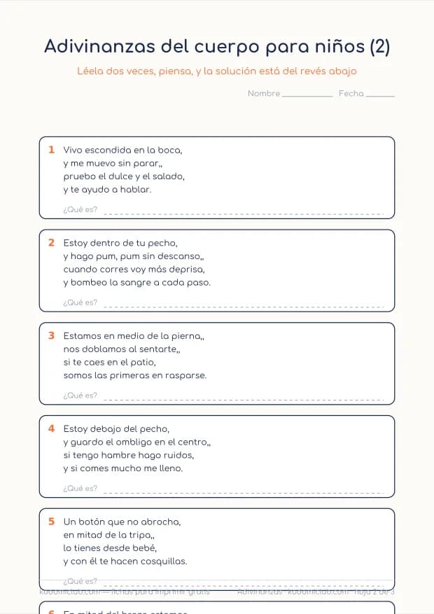 Adivinanzas del cuerpo para niños, hoja 2