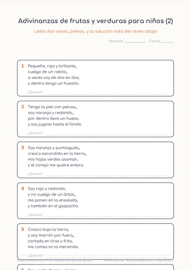 Adivinanzas de frutas y verduras para niños, hoja 2