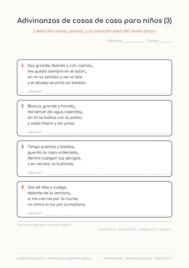 Adivinanzas de cosas de casa para niños, hoja 3
