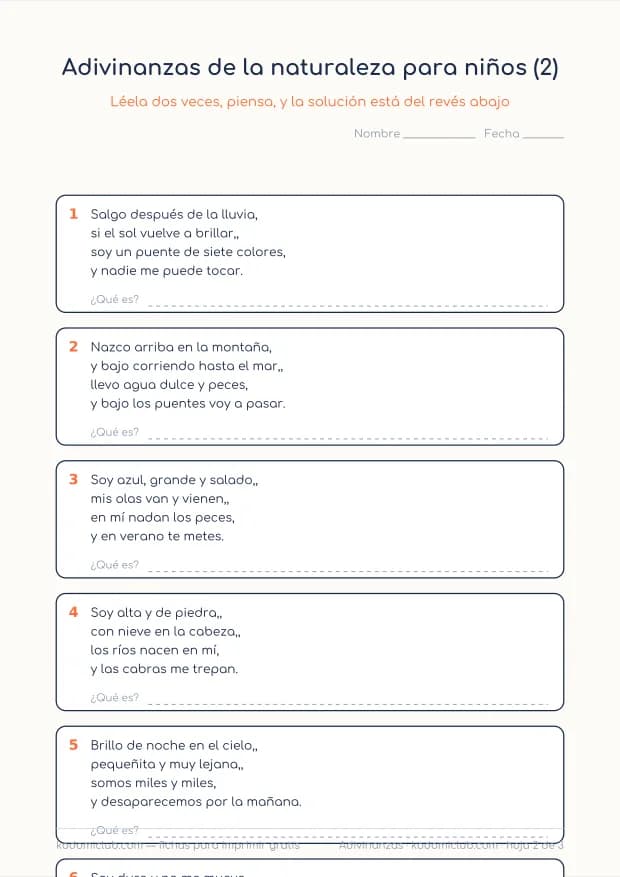 Adivinanzas de la naturaleza para niños, hoja 2