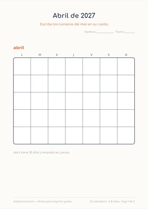 Calendario de abril de 2027 para imprimir