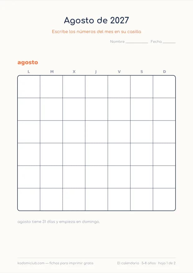 Calendario de agosto de 2027 para imprimir