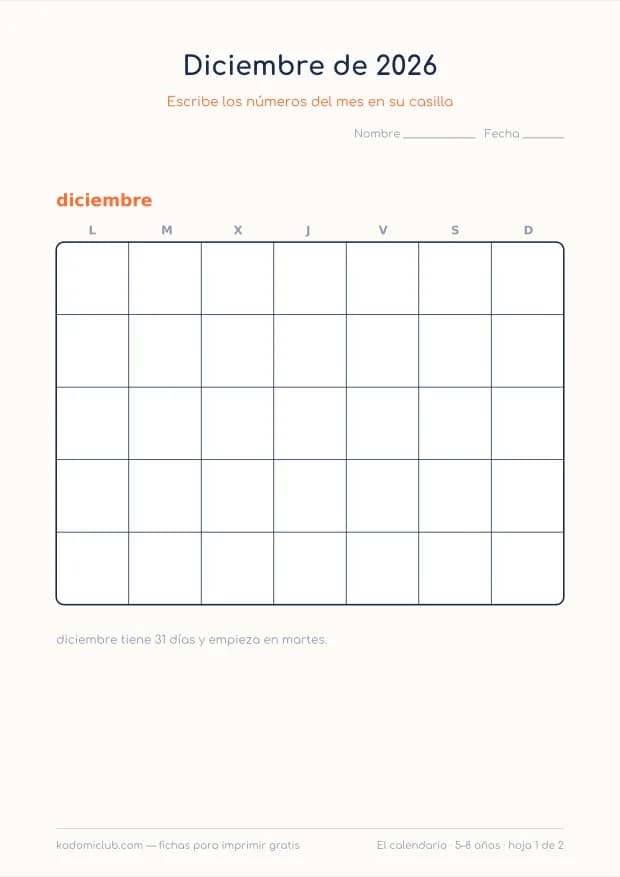 Calendario de diciembre de 2026 para imprimir