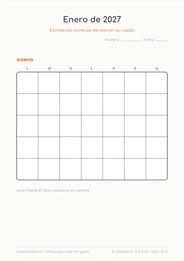 Calendario de enero de 2027 para imprimir