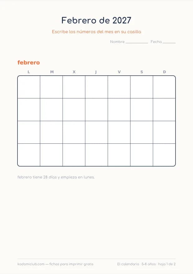 Calendario de febrero de 2027 para imprimir