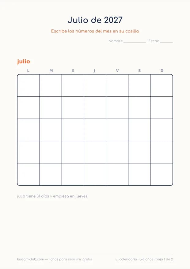 Calendario de julio de 2027 para imprimir