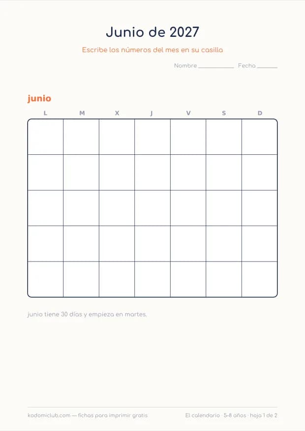 Calendario de junio de 2027 para imprimir