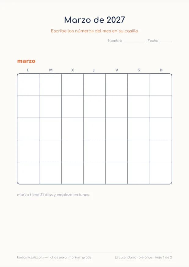 Calendario de marzo de 2027 para imprimir