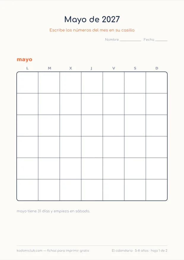 Calendario de mayo de 2027 para imprimir
