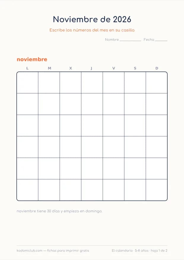 Calendario de noviembre de 2026 para imprimir