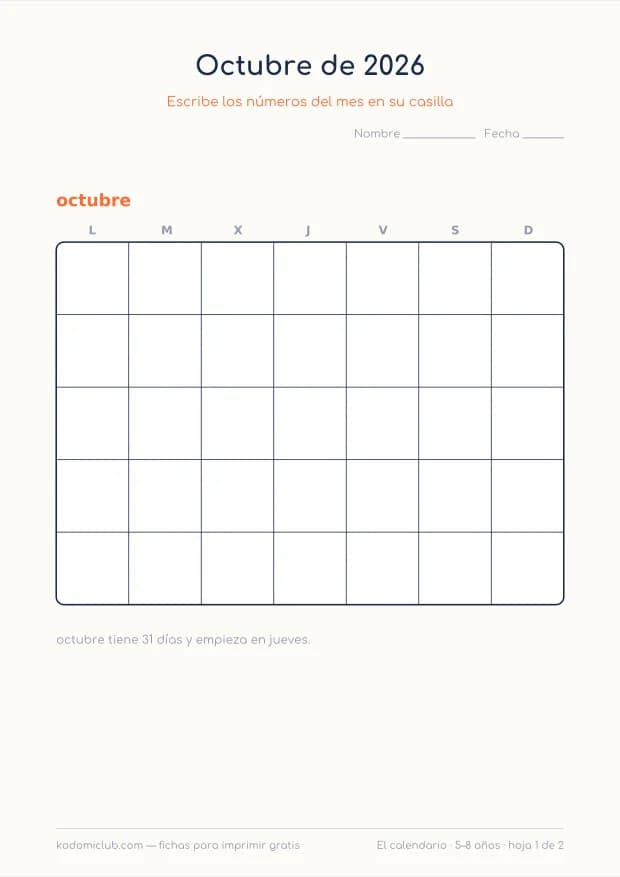 Calendario de octubre de 2026 para imprimir