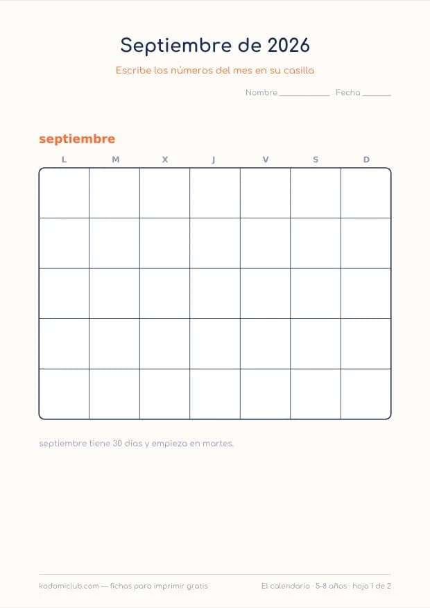 Calendario de septiembre de 2026 para imprimir