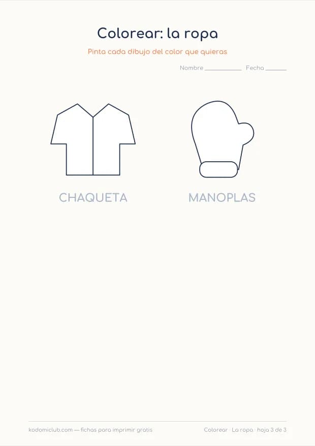 La ropa para colorear, hoja 3