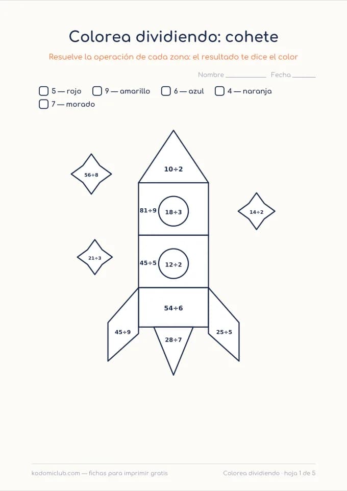 Colorea dividiendo. Ficha para imprimir, 8–11 años