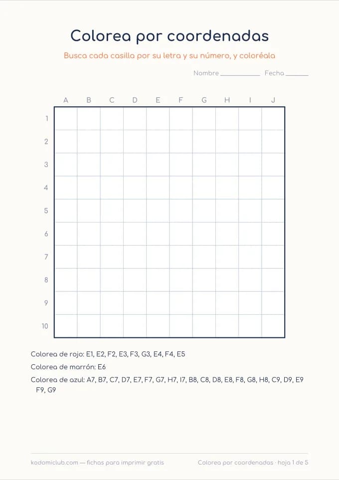 Colorea por coordenadas. Ficha para imprimir, 6–8 años