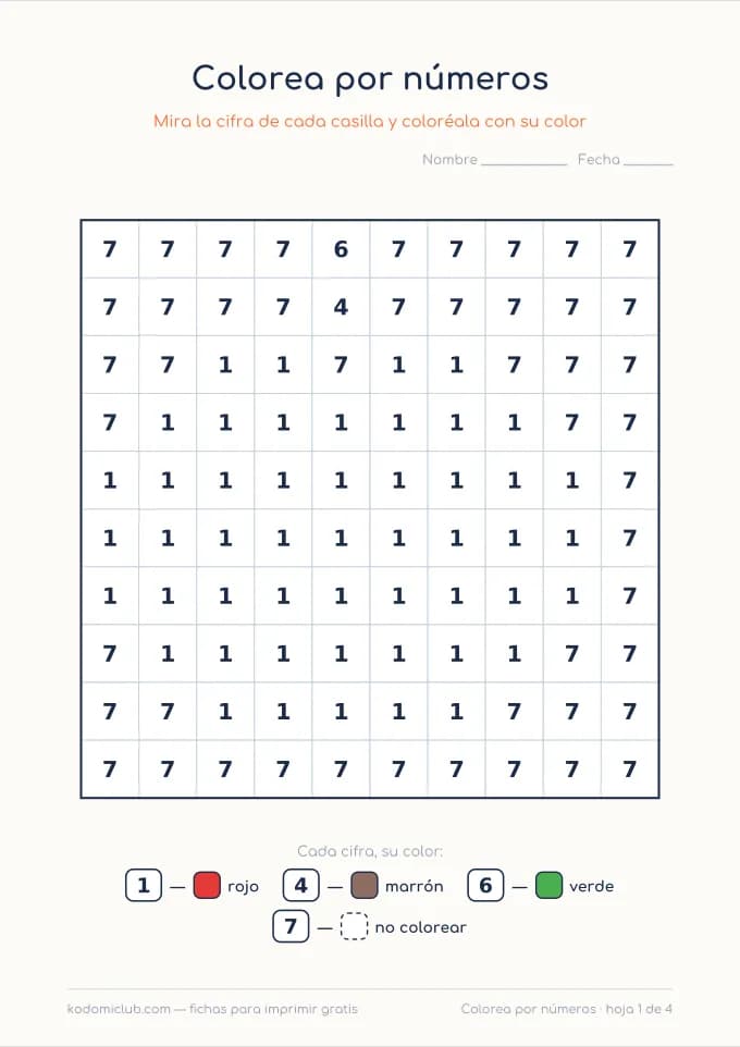 Colorea por números. Ficha para imprimir, 4–7 años