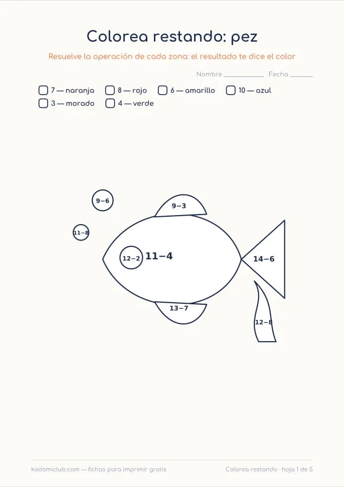 Colorea restando. Ficha para imprimir, 7–8 años