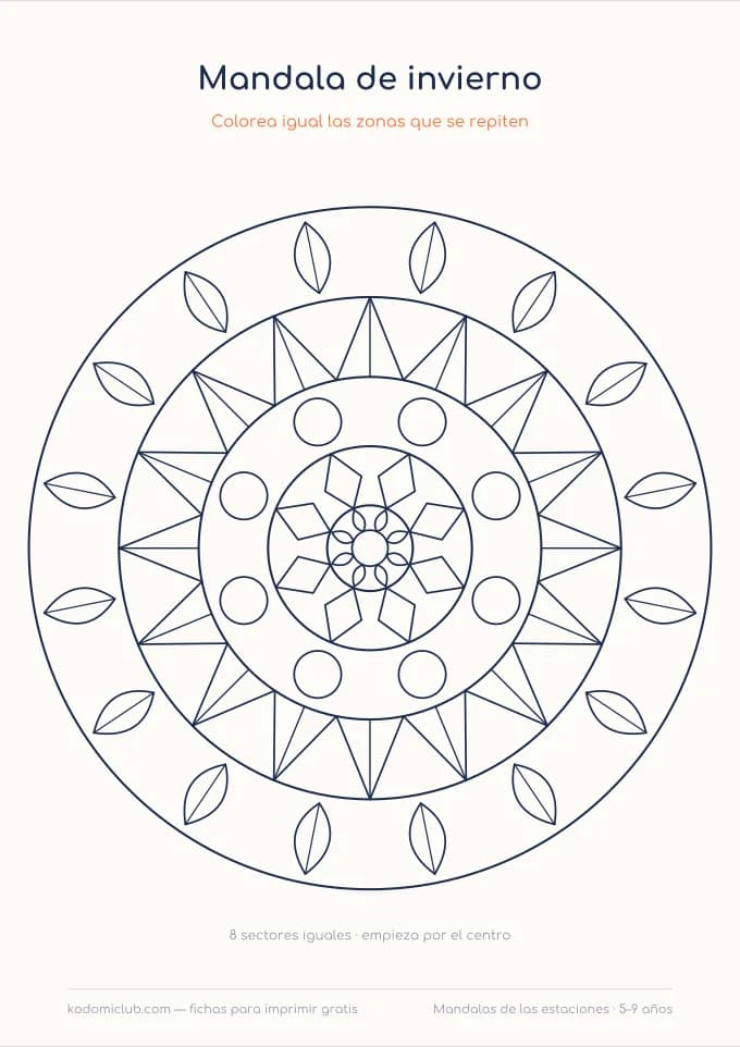 Mandalas de las estaciones. Ficha para imprimir, 5–9 años