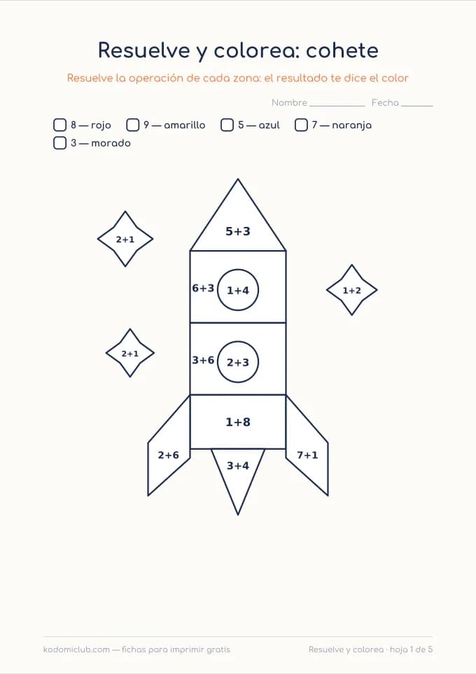 Resuelve y colorea. Ficha para imprimir, 6–8 años