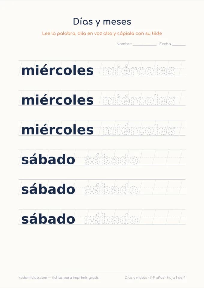 Caligrafía de los días y los meses. Ficha para imprimir, 7–9 años