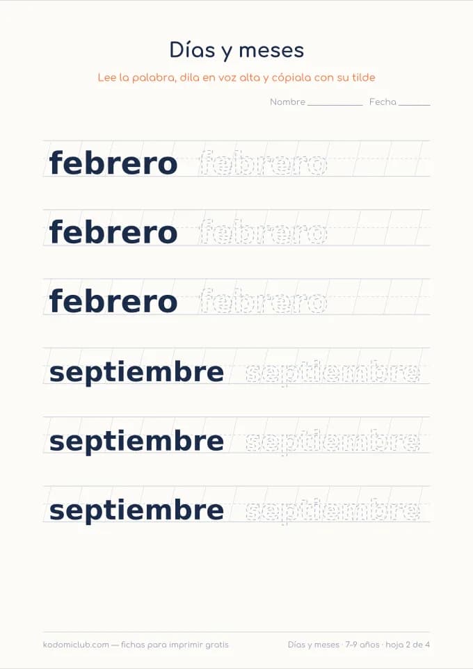Caligrafía de los días y los meses, hoja 2