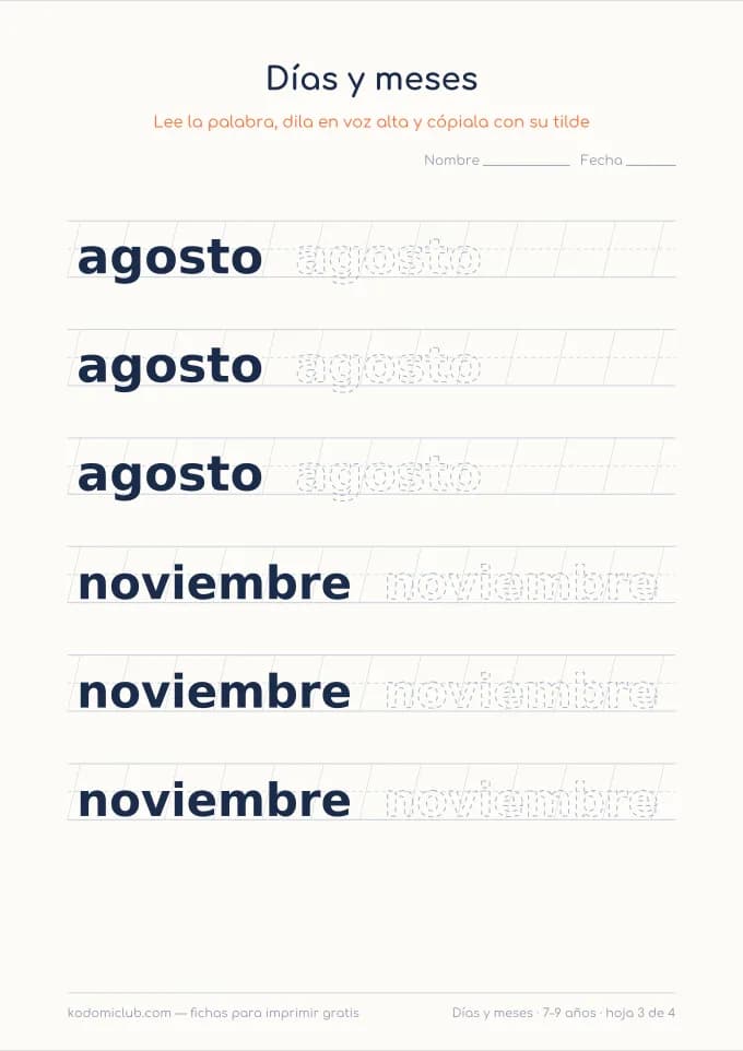 Caligrafía de los días y los meses, hoja 3