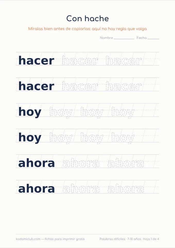 Copiar las palabras difíciles. Ficha para imprimir, 7–10 años