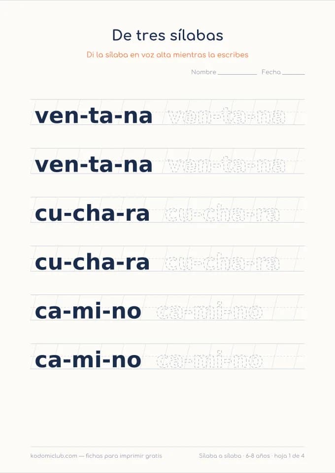 Copiar palabras por sílabas, hoja 1