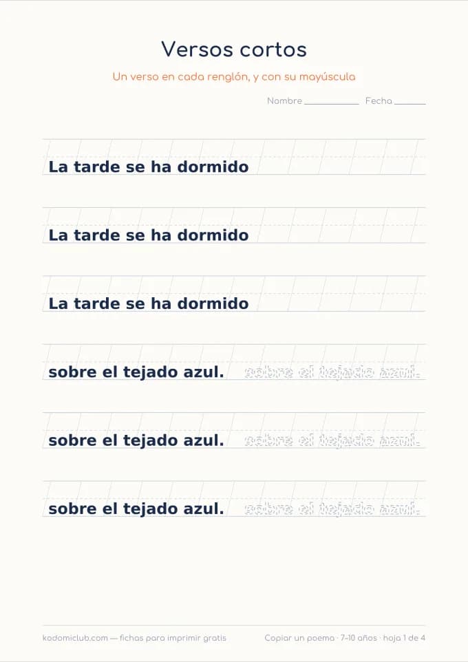 Copiar un poema. Ficha para imprimir, 7–10 años