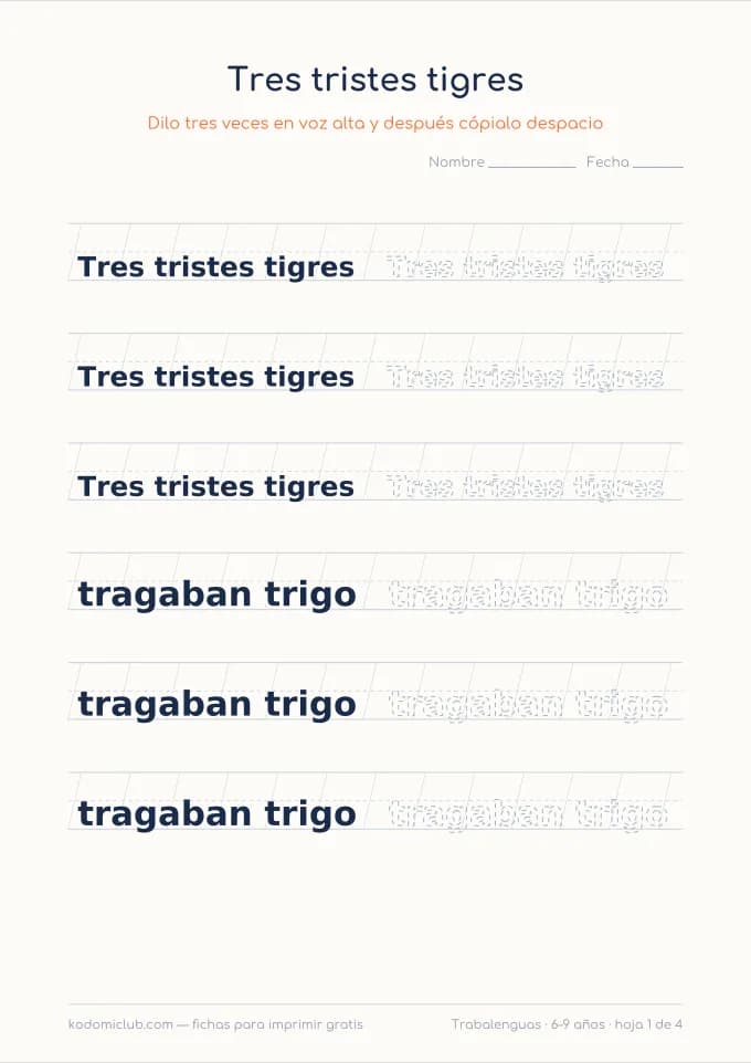 Copiar un trabalenguas. Ficha para imprimir, 6–9 años