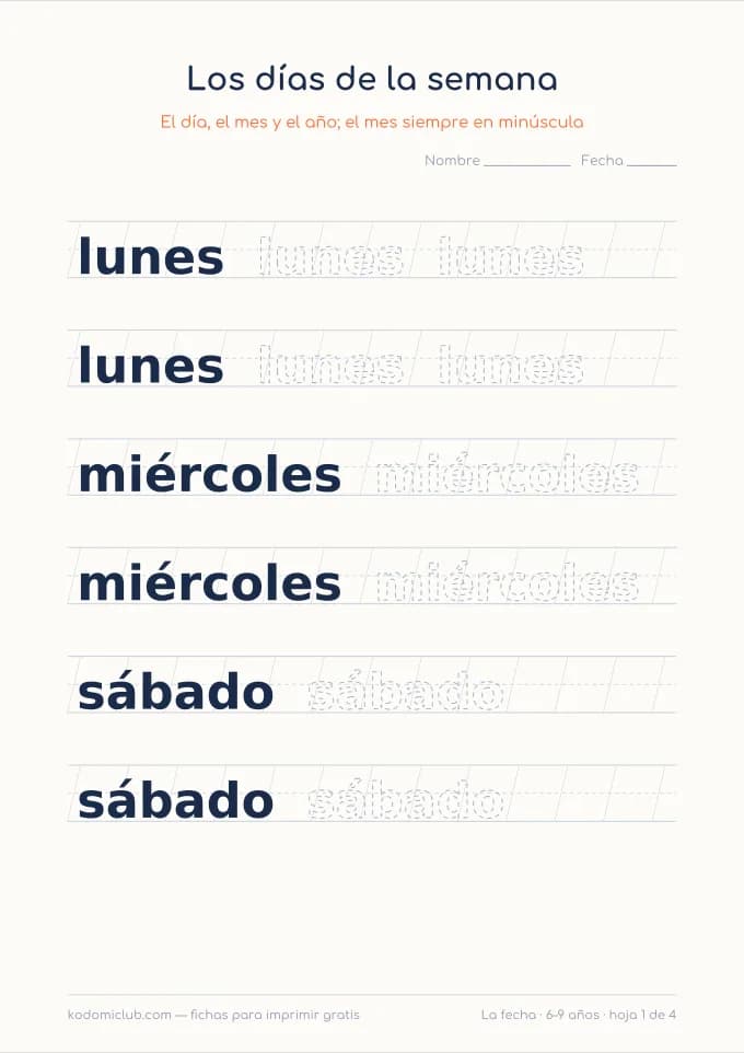 Escribir la fecha. Ficha para imprimir, 6–9 años