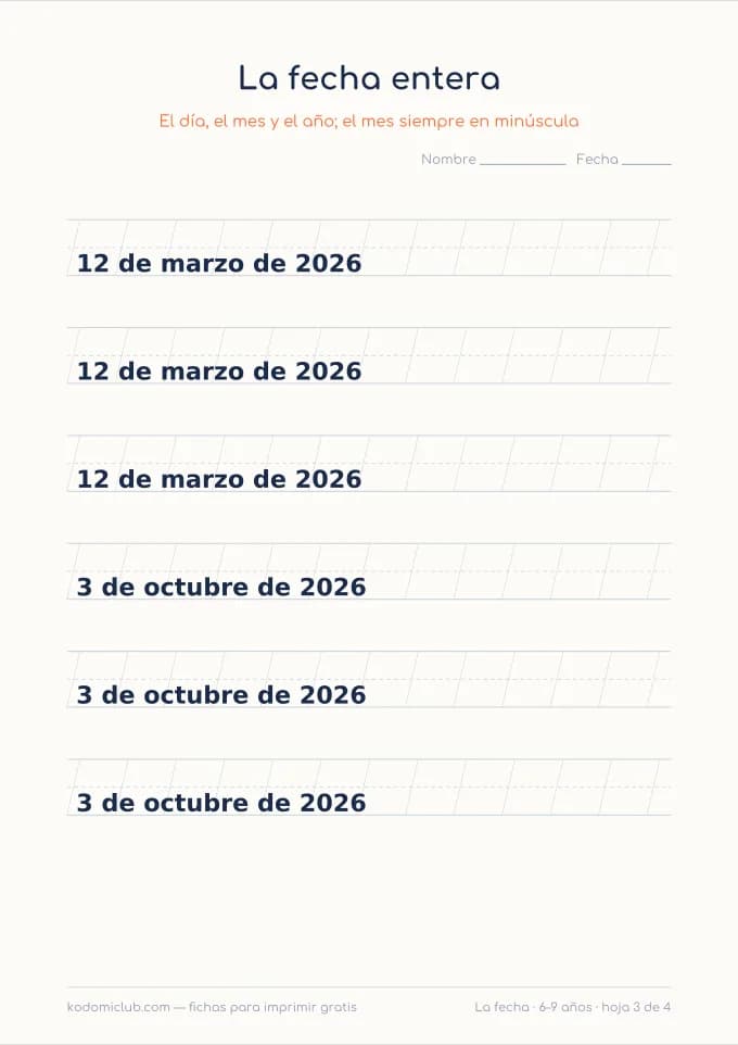 Escribir la fecha, hoja 3