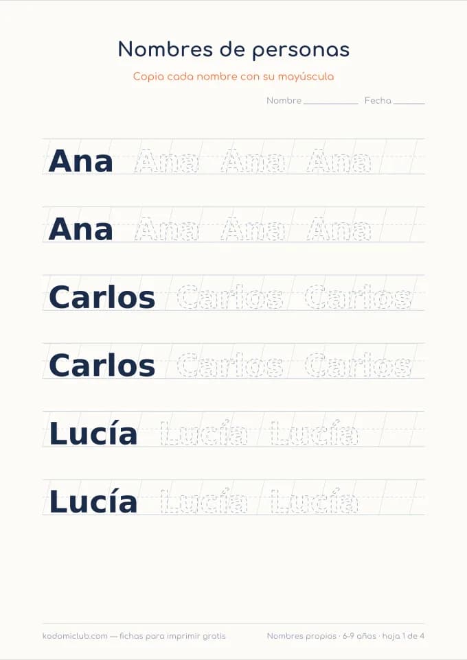 Escribir los nombres propios, hoja 1