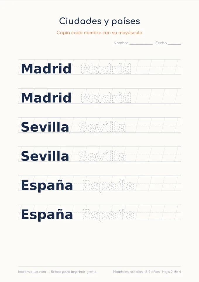 Escribir los nombres propios, hoja 2