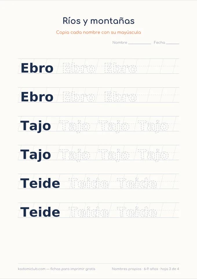 Escribir los nombres propios, hoja 3