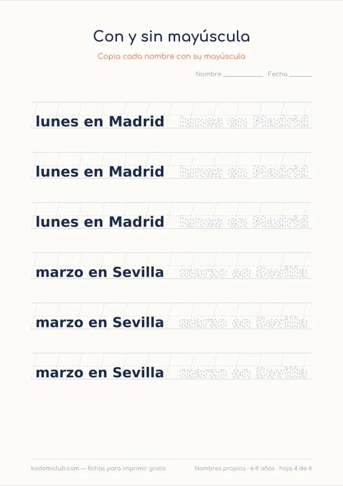 Escribir los nombres propios, hoja 4