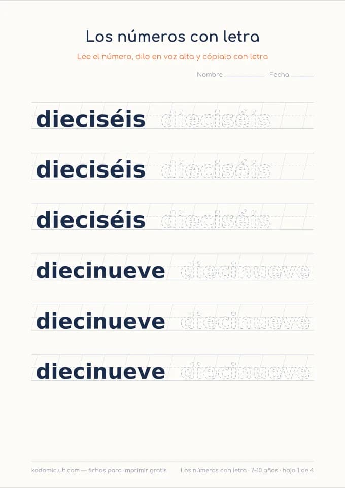 Escribir los números con letra. Ficha para imprimir, 7–10 años