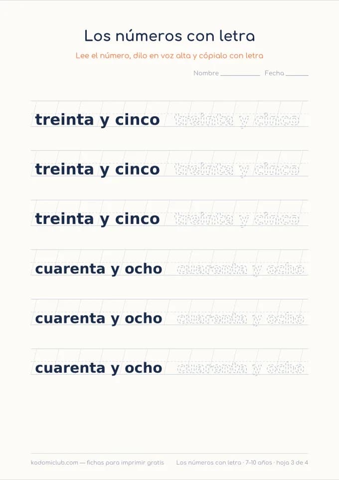 Escribir los números con letra, hoja 3