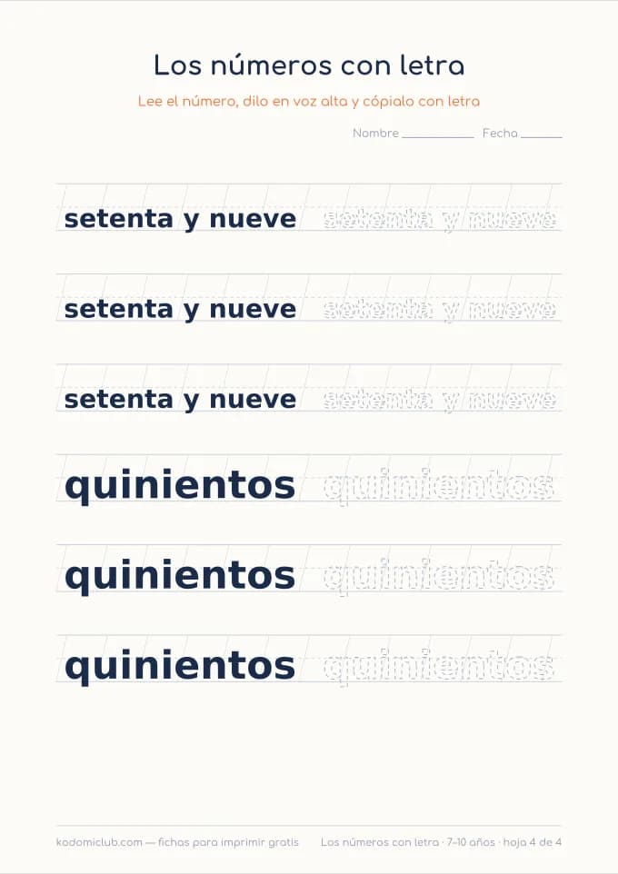 Escribir los números con letra, hoja 4
