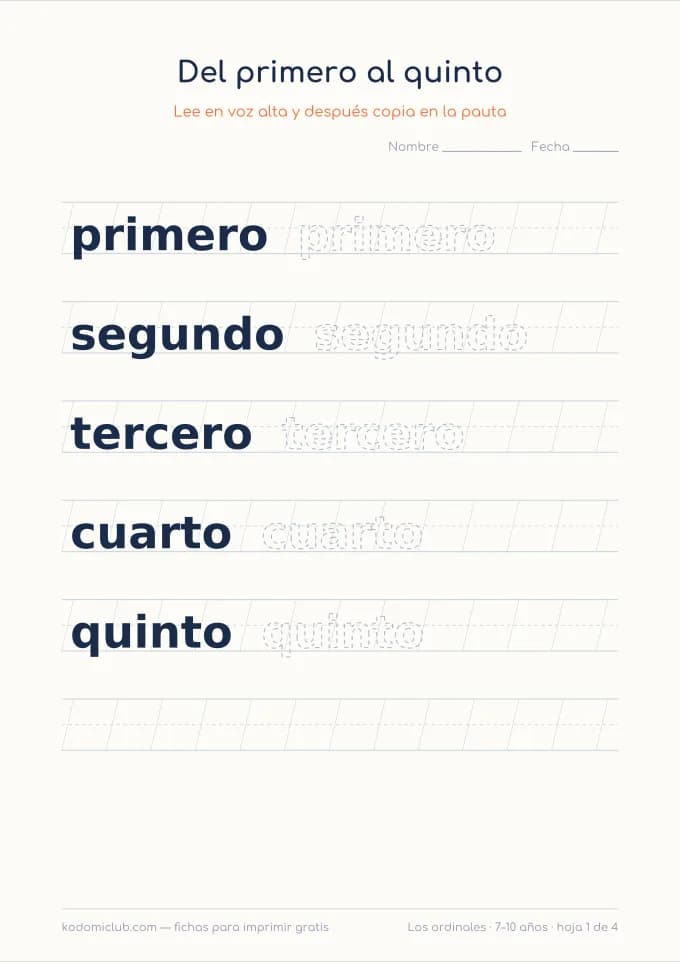 Escribir los números ordinales. Ficha para imprimir, 7–10 años